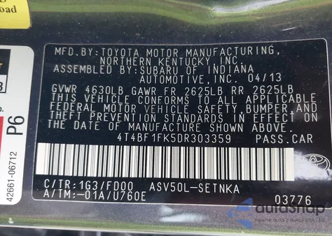 2013 Toyota Camry Le from USA, damaged, VIN 4T4BF1FK5DR303359